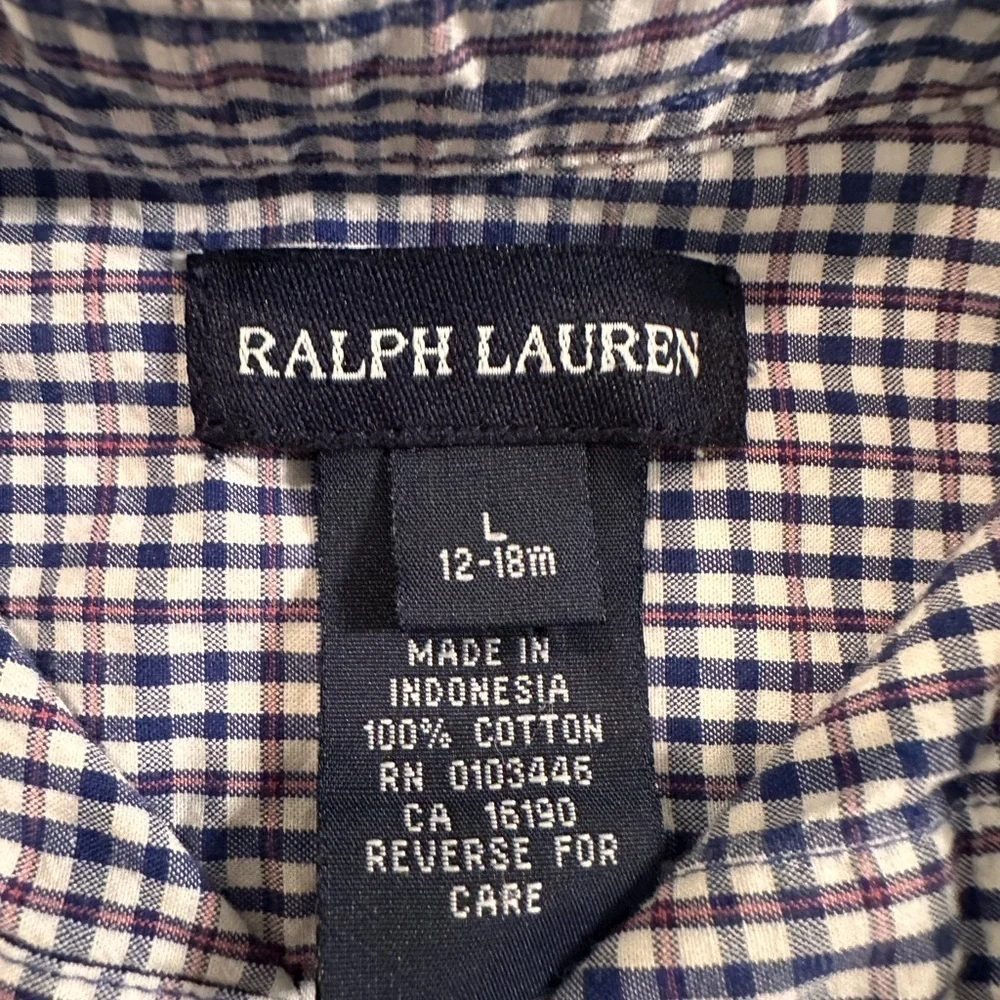 Ralph Lauren Baby Boy Romper Gingham Plaid Blue Button Down Shortall 12-18 M